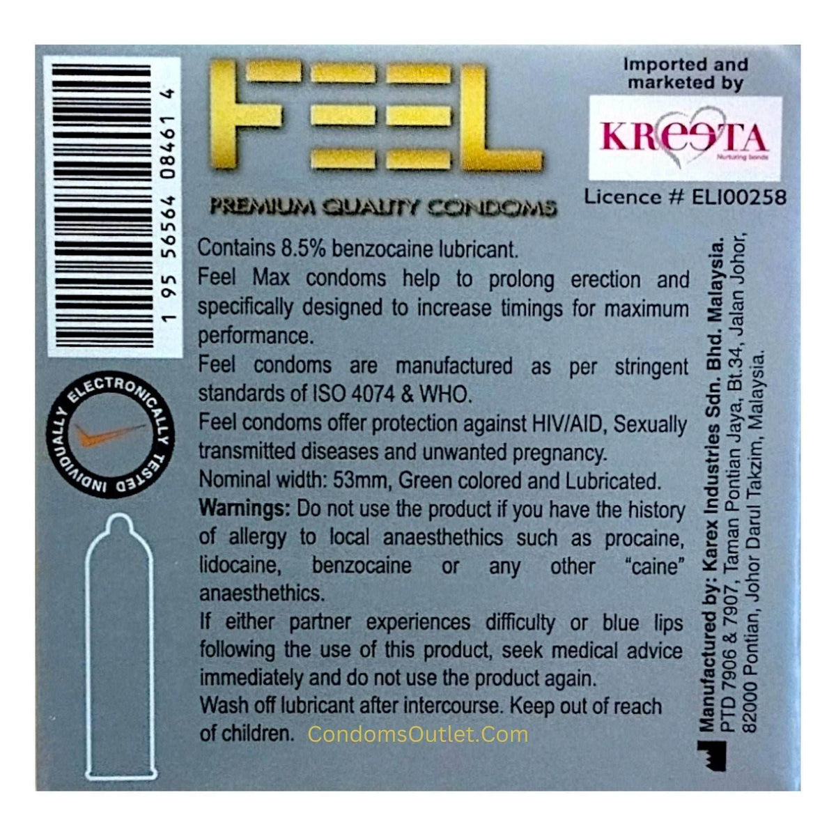 Feel Max Delay Condoms - 3 Pack - Extra Strong 8.5% Benzocaine Timing- Back view