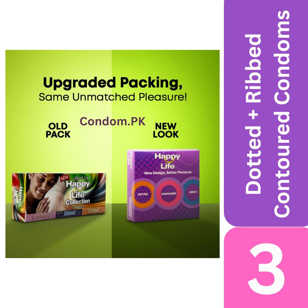 Happy Life Collection 3’s (Contoured, Ribbed, Dotted) condoms